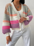 R-Shirt 2025 Autumn And Winter Sweater Coat Women's Rainbow Striped Lantern