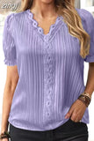 Summer Hollow Out Short Sleeve Tops Office V-neck Blouse Women Lace Mujer Loose Ladies Simple Casual Shirts Elegant