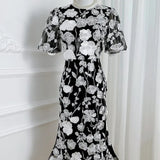 High-End Elegant Heavy Industry Flower Embroidery Round Collar Lantern Sleeves To Close The Waist Slim Slimmed Fishtail Dress