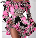 Cold Shoulder Ruffles Frill Hem Graphic Print Long Sleeve Fairy Flower Sundress Summer Women's Dress Femme Robe