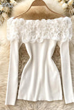 Slash Neck Off Shoulder Knitted Tops Women Elegant Purple/Red/White 3D Flower Long Sleeve Slim Shirt Female Blouse