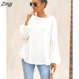 PETAL Loose Round Neck Top For Woman White Casual Cut Out Long Sleeve T-shirt 2023 Spring Autumn Tee Shirts
