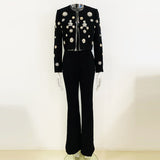 New Fashion Round Neck Heavy Industry Nail Beads Short Jacket Open Fork Trousers