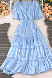 Women Beading Party Dress Vintage V-Neck Short Puff Sleeve High Waist Ruffle Draped Robe Vacation Beach Vestidos 2023