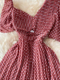 Women Polka Dot Pleated Dress Vintage Green/Red/Yellow Irregular V-Neck Short Sleeve Draped Vestidos Vacation Beach