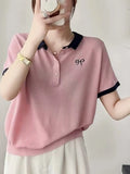 Collared Thorned Bow Embroidered Short-Sleeved T-Shirt Girl's Small Fragrant Wind Age Relaxed Temperament Ice Silk Knitted Shirt