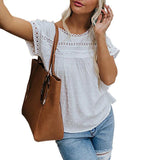 Neck Lace Crochet Solid Color Short Sleeve Casual Top Women's