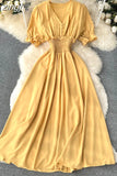 Vintage Green/Yellow/Blue/Beige Short Sleeve Long Dress Women Elegant V-Neck High Waist A-Line Maxi Vestidos New