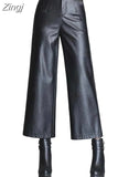 Size Pu Faux Leather Wide Leg Ankle-length Pants Women Baggy Black Shiny High Waist Womens Loose Pant 2023 Korean