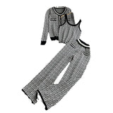 Zingj Suit Female Round Collar Jacquard Cardigan Coat Vest Three-Piece High Waist Slim Straight Wide Leg