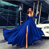 2021 Fashion Summer Sexy Women Deep V-Neck Big Dress Elegant Long Sleeved Solid Slit Vestido Lady Party Nightclub
