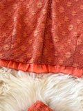 Lace Two Piece Set Vintage V-Neck Puff Long Sleeve Short Blouse + High Waist A-Line Ruffle Skirt Female