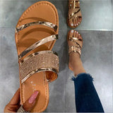 Large-Size Water Drill Flat-Bottomed Toe Slippers Women Wear Metal Texture Beach Cool Slippers