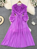 Vintage Women Pleated Party Long Dress Elegant Round Neck Lantern Sleeve High Waist Ruffle Draped Maxi Vestidos