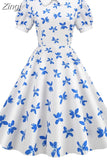 Women Vintage Dress Floral Print Peter pan Collar Elegant Party Dress Puff Short Sleeve Pin Up 50s Party Sundress