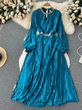 Autumn Women Satin Pleated Party Dress Vintage Diamonds Patchwork Hollow Out Lantern Sleeve Draped Elegant Robe