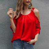 Shoulder Lace Blouse Women Summer Tops 2023 Hollow Out Half Sleeve White Black Blouses O-Neck Solid Loose 5XL Clothes