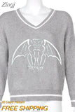 Skulls Blue Knitted Sweaters for Women Fashion Winter Tops Oversized Jumper V Neck Long Sleeve Pullovers Halloween