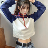 Hat Hoodies Sweatshirts Short Length Striped Zipper Turtleneck Spring Autumn Fashion Streetwear Chic All-match Ulzzang