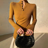 Women's New Sweet Spicy Knitted Shirt Cross Button Autumn And Winter Slim Solid Color Temperament Top