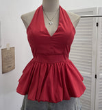 Retro Hanging Neck Tie With Bare Back Sling Skirt Folded Short Sleeveless Top Woman