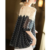 Lace Summer Print Blouse Loose Women Hollow Crochet Splice Sexy Shirt Lady Casual Short Sleeve O Neck Tops Female