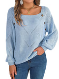 2025 Casual Square Collar Button Solid Color Hollow Lantern Sleeve Sweater Temu Women's