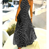 Women Elegant Polka Dot Print Chiffon Pleated Maxi Dress Boho Style Sleeveless Beach Wear Sexy Holiday Dress Long Dress