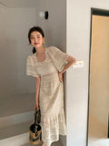 Korean Soft Girl Square Collar A Line Midi Dress Summer Lace Embroidery Party Dresses Office Lady Casual Vestidos
