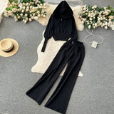 And Winter Solid Knitted Hooded Hooded Jersey Blouse High Waist-Hanging Feeling Trousers Casual Two Sets Of