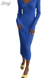 Fashion Women Long Sleeve Sweater Dress Casual Solid Color V Neck Knit Bodycon Party Dress for Beach Club