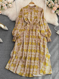 Vintage Women Printed Dress Female Elegant Stand Collar Lantern Long Sleeve High Waist A-Line Midi Vestidos New