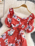 Women Irregular Printed Dress Vintage Square Collar Puff Short Sleeve High Waist A-Line Slim Vestidos Elegant New
