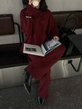 And Winter Solid-Color Lap-Over Sweater Set Women's Loose Knit Polo Collar Sweater Broad Leg Pants