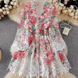 Printed Lantern Sleeve Dress Female Spring V-Neck Hollow Hook Flower Embroidery Light Luxury A