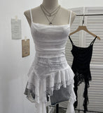 Irregular Lace Splicing Hem With Lotus Slings With Lotus Slings Waist Yarn Top