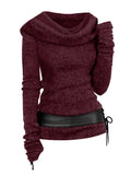 Cowl Front Lace Up Belted Sweater Spring Tops Tee For Women Solid Black Green Light Gray 211-0-Outfit