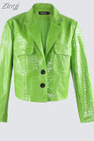 Spring Autumn Short Cool Stylish Shiny Reflective Crocodile Print Patent Pu Leather Jacket Women Runway Fashion