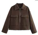 Women's Explosive Retro Fashion Simple Collar Big Pocket Zipper Wool