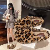 2025, The New Autumn And Winter Can Wear A Foot Pedal Korean Version Of The Female Slippers Leopard-Print Flat-Bottomed Haired Female