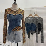 Real Shooting Fashion Leopard Tard Tard Babes Mesh Splicing Denim Irregular Bottom Shirt Short Top