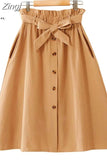 Women Casual Cotton Skirts 2023 Spring Summer Korean Style Solid Elegant High Waist Single-Breasted Bow Lace Up A-Line Midi