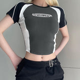 Logo Print Patchwork Short Sleeve Tee-Outfit