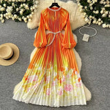 Elegant Dress Women Fashion Nail Ball Collar Hollow Pressure Folding Lantern Sleeves To Print Long