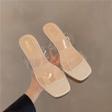 Women 2025 Summer New Square Head Fine And Crystal Transparent Sandals One-Word With Waterproof Table Slippers