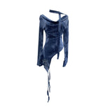 Shot A Word Shoulder Collar Long Sleeve Broken Hole Knitted Shirt Shirt Slightly Through The Hollow Irregular Ribbon T-Shirt Girl