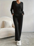 And Winter New Women's Pure Color V-Neck Loose Blouse Casual Straight Trousers Pit Two