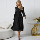 Thin Women's New Long-Sleeved Slim 100-Folded Belt V-Neck Dress