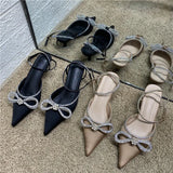 New Buckle Stiletto Heel High Heels Pointed Toe Rhinestone Bow Bandage