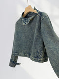 Zingj Cool Waste Rustic Denim Coat Female Retro Wash Do Old Standing Collar Hottie Short Denim Jacket Motorcycle